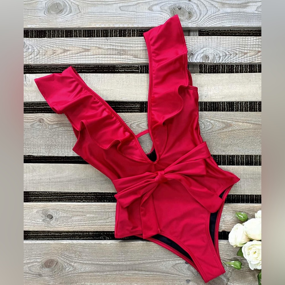 SPORLIKE brand one-piece v-neck swimsuit, size small, wine red colour